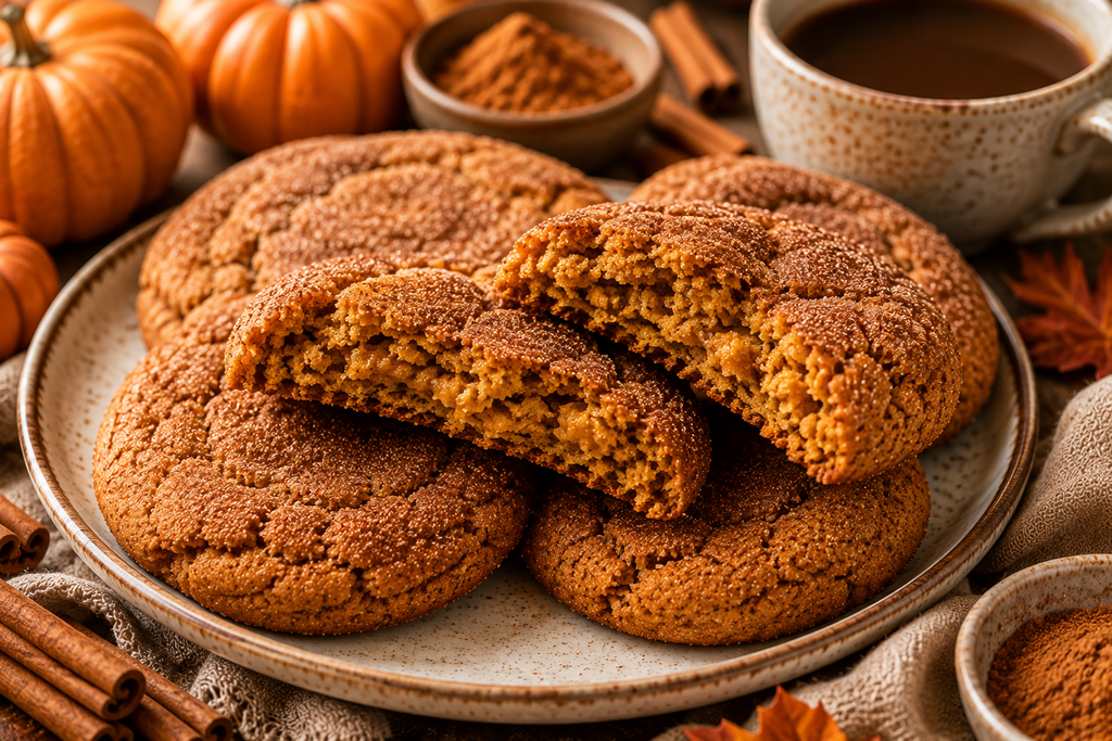 Soft and chewy brown butter pumpkin snickerdoodle cookie with a cinnamon sugar coating, served as a cozy fall treat.