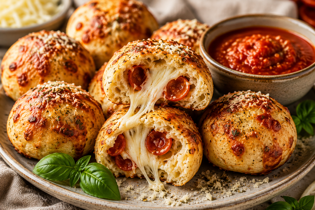 Protein packed pizza bites with a soft interior, melted mozzarella and pepperoni filling, served with marinara dipping sauce.