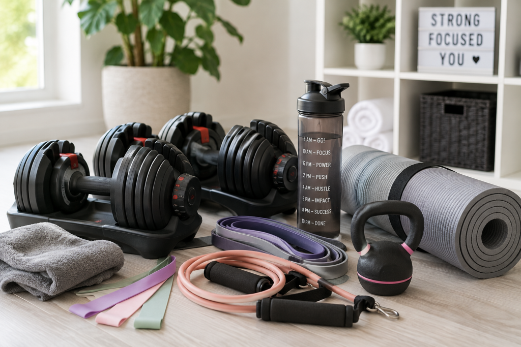 A collection of fitness equipment including adjustable dumbbells, resistance bands, a yoga mat, and a water bottle arranged neatly in a bright home gym. cardio vs stength training
