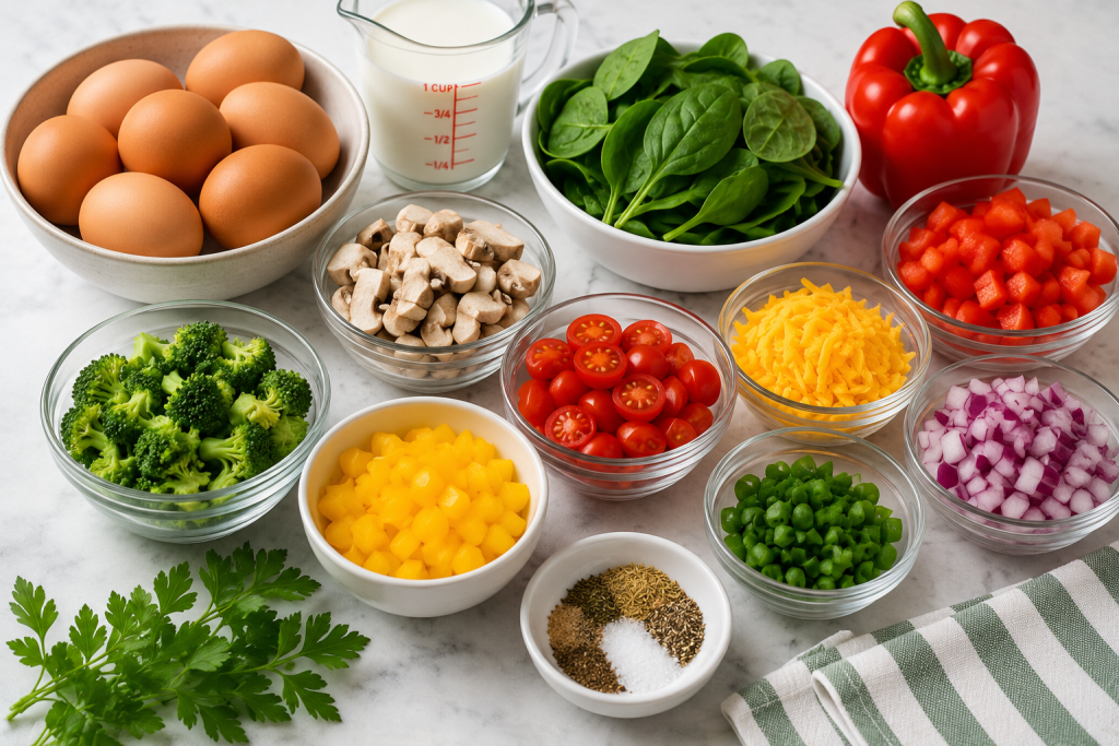 Fresh ingredients for healthy egg muffins including eggs, spinach, bell peppers, tomatoes, onions, cheese, herbs, and seasonings neatly arranged on a bright kitchen countertop.