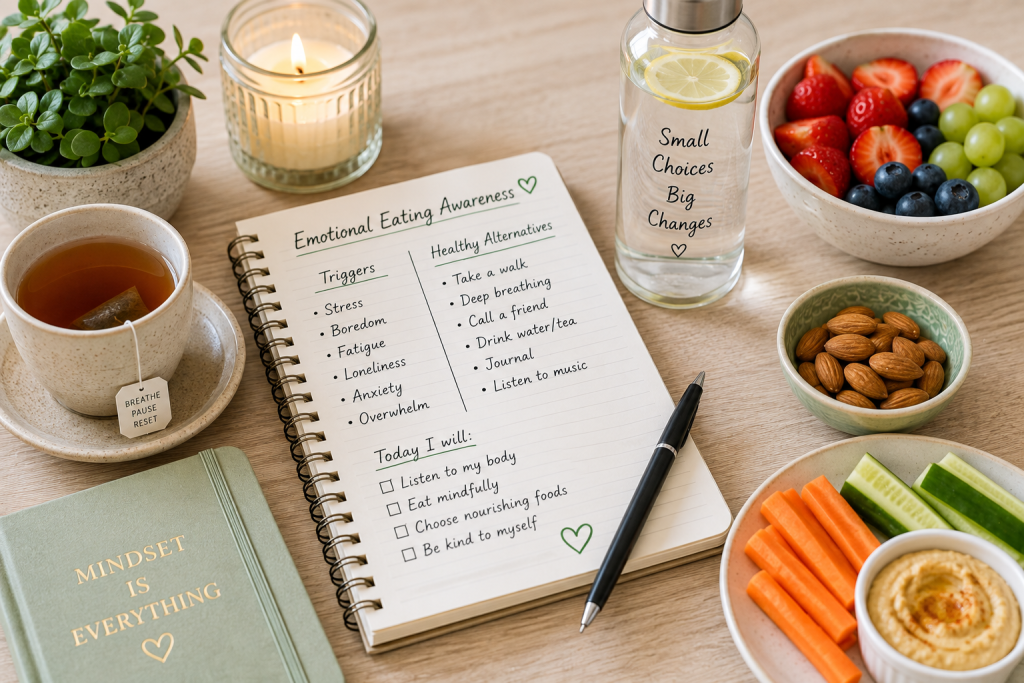 A notebook with healthy habit tracking, a pen, herbal tea, fruit, and nutritious snacks arranged on a bright kitchen table, representing emotional eating awareness.