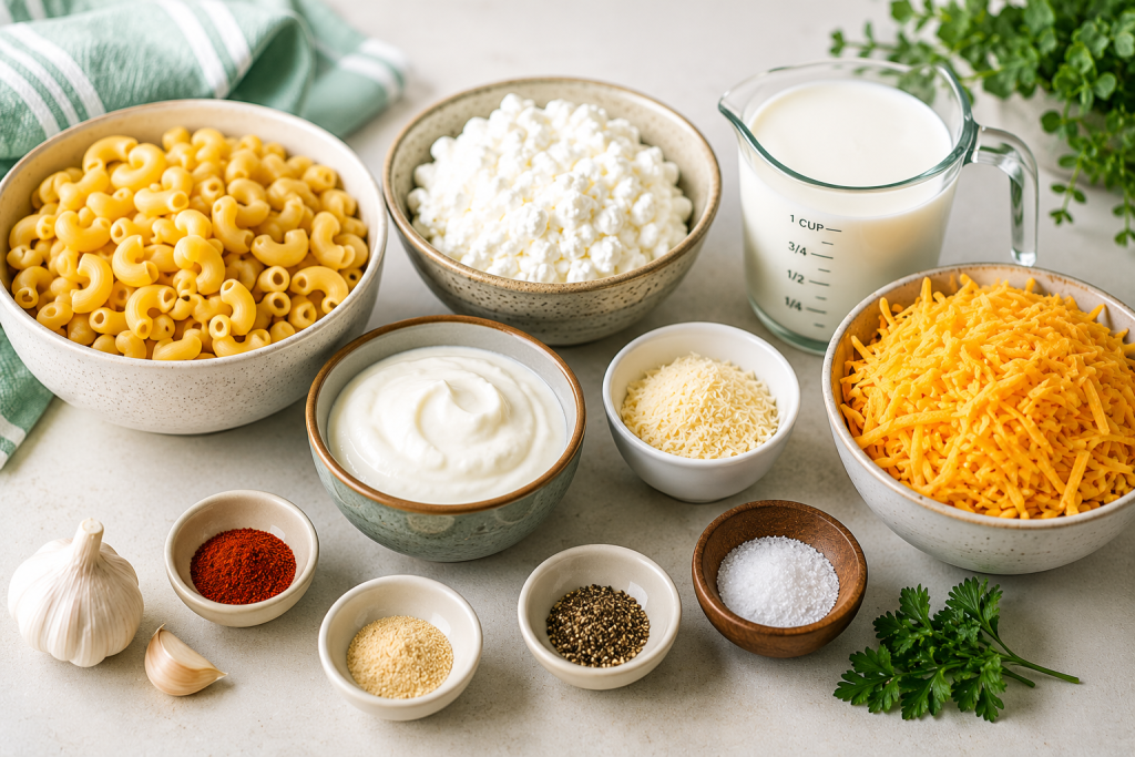 Fresh ingredients for high protein mac and cheese including protein pasta, cottage cheese, Greek yogurt, cheddar cheese, milk, garlic, herbs, and seasonings arranged on a bright kitchen counter.