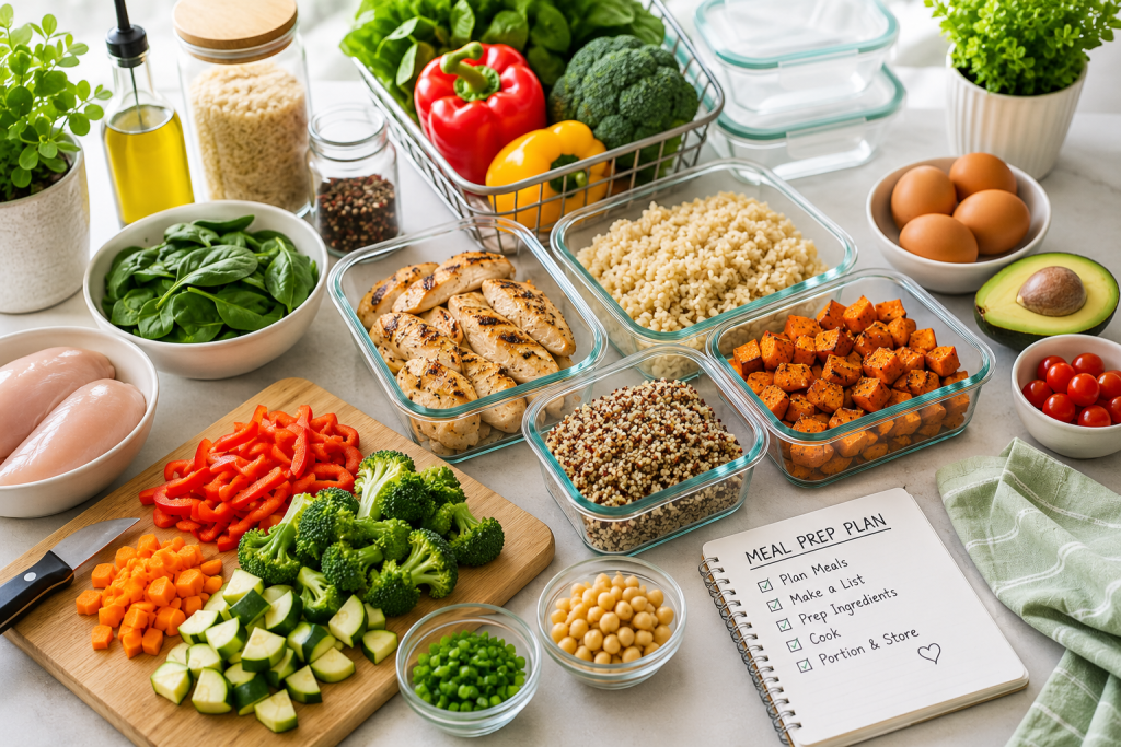 Fresh vegetables, cooked chicken, rice, meal-prep containers, and kitchen ingredients arranged on a bright counter for beginner meal preparation.