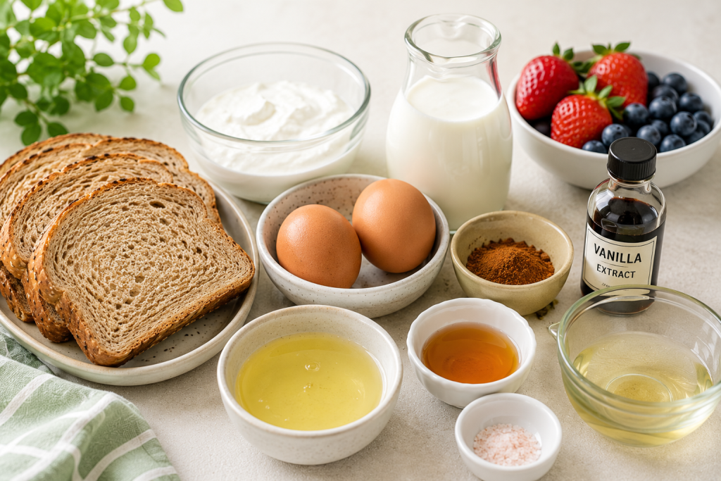 Ingredients for protein French toast including whole-grain bread, eggs, egg whites, Greek yogurt, milk, cinnamon, vanilla, and fresh berries arranged on a bright kitchen counter.
