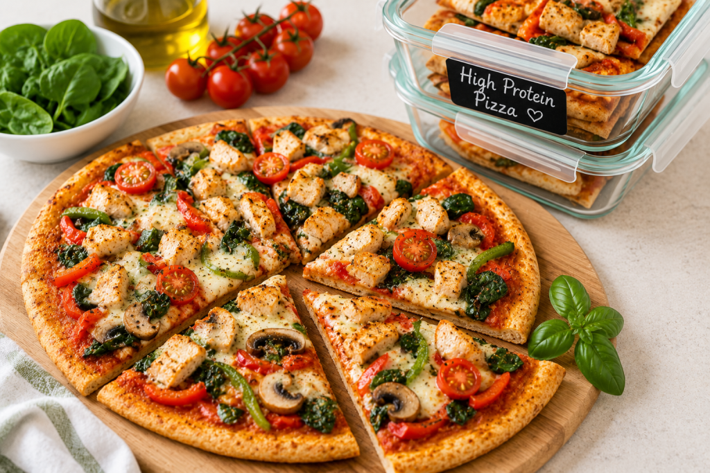 Fresh homemade high protein pizza with colorful vegetables and grilled chicken sliced into portions beside meal prep containers in a bright kitchen.
