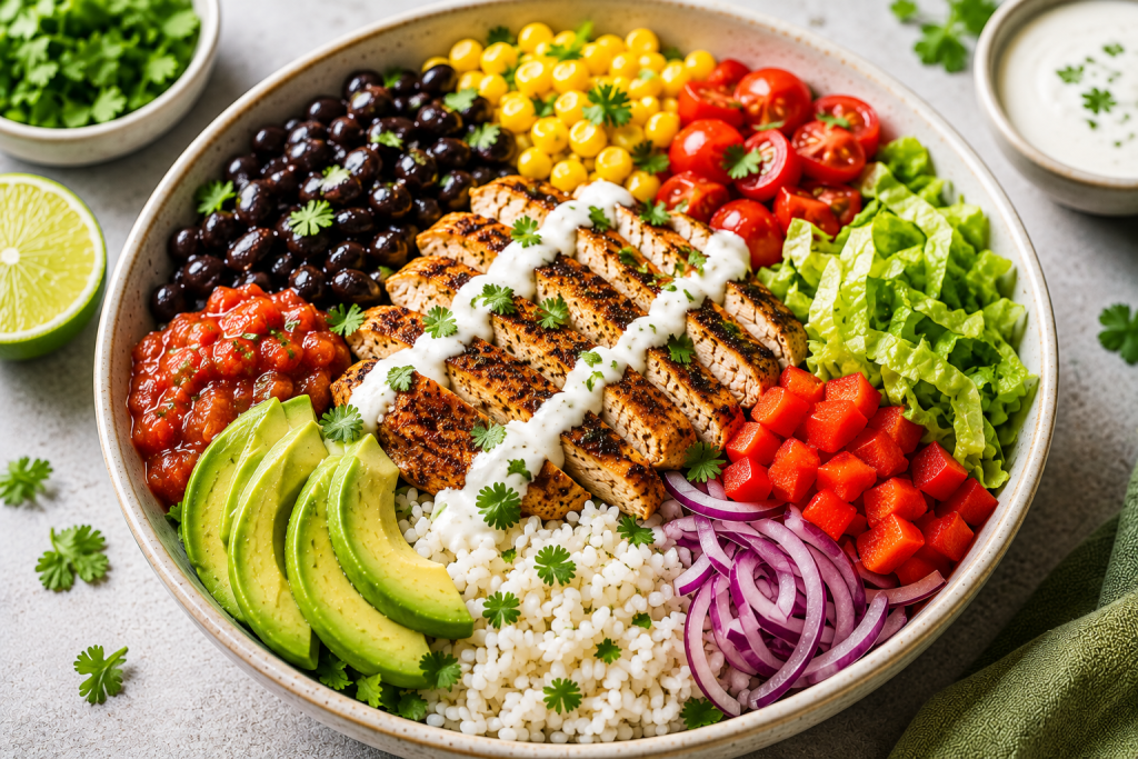 Colorful high protein burrito bowl arranged with chicken, rice, black beans, corn, avocado, tomatoes, lettuce, salsa, and Greek yogurt sauce.