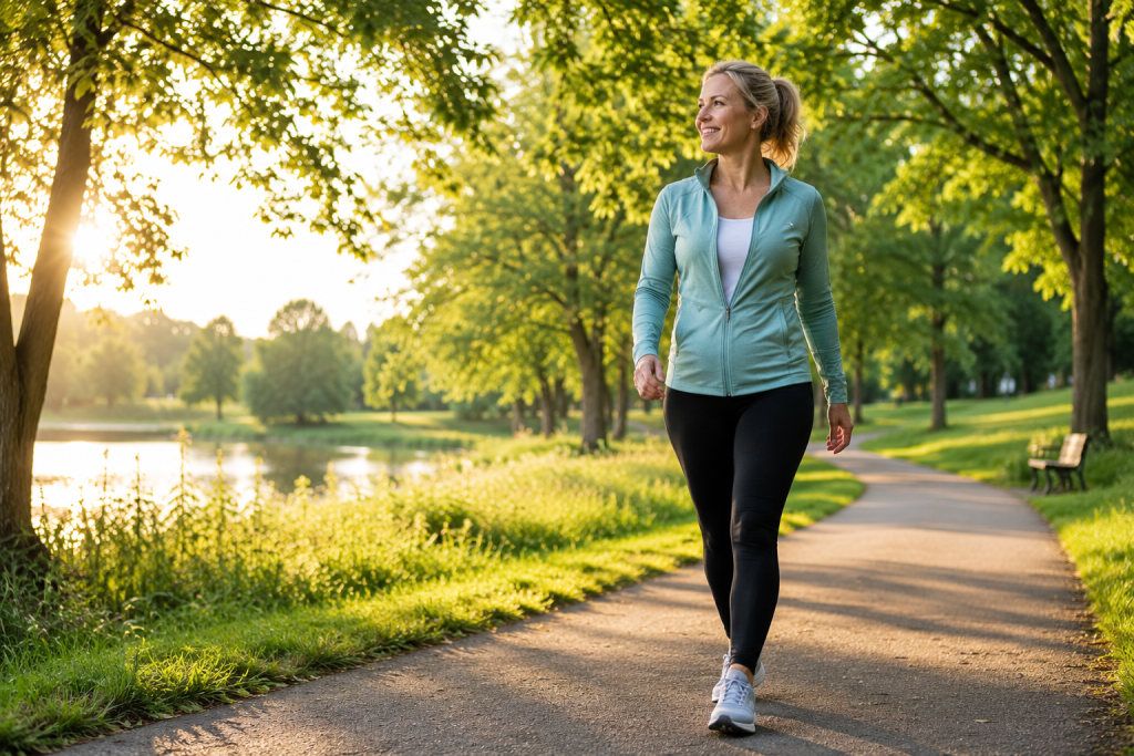 Woman enjoying a brisk walk through a green park during sunrise with trees and walking path, representing a sustainable daily walking routine for weight loss.
