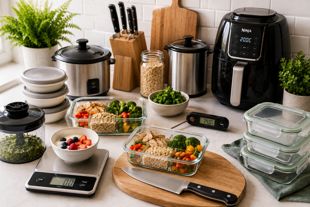 Beginner meal prep kitchen setup with meal prep containers, digital kitchen scale, chef's knife, cutting board, air fryer, and healthy high protein meals.