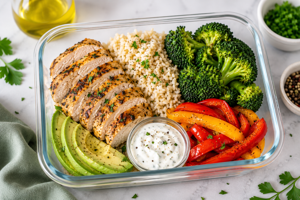 Balanced high protein chicken meal prep with grilled chicken, rice, broccoli, colorful vegetables, avocado, and healthy sauce.