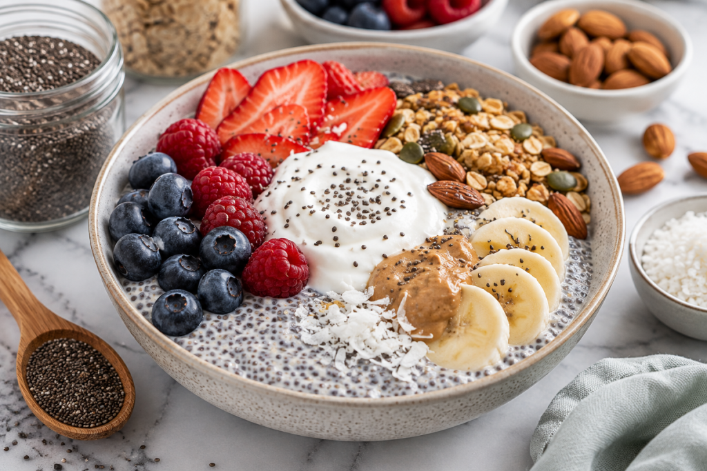 High protein chia pudding topped with Greek yogurt, berries, nuts and seeds for a filling healthy breakfast.