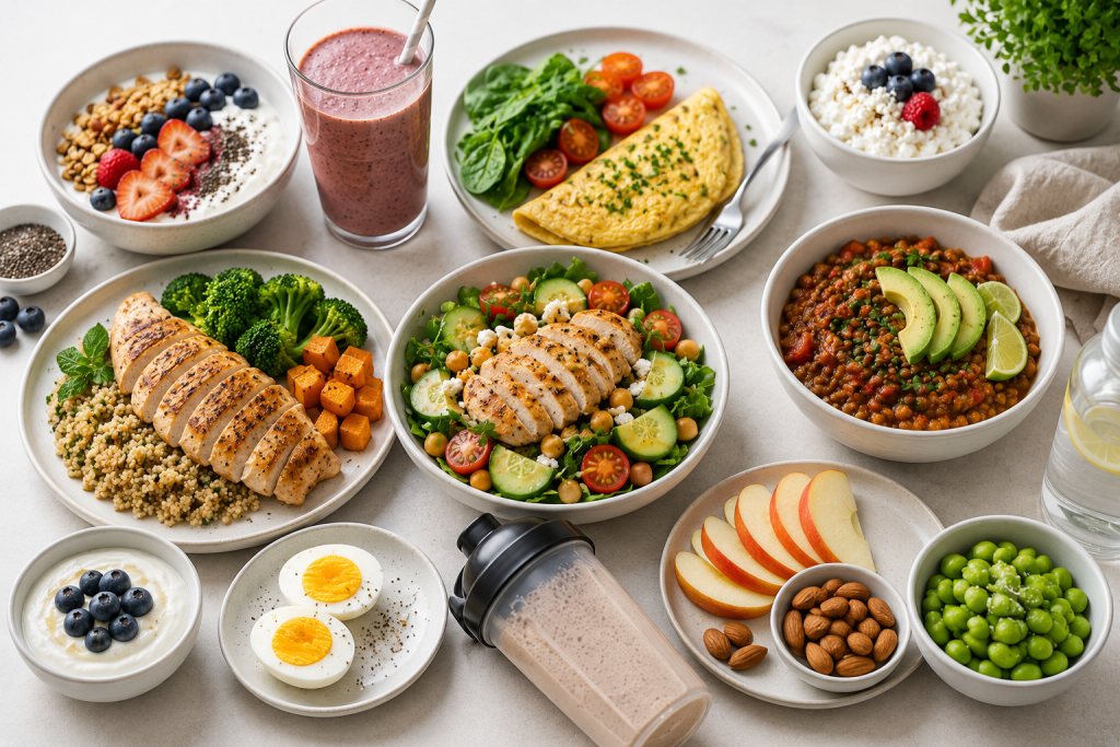 High-protein meal ideas for breakfast, lunch, dinner, and healthy snacks. protein for weight loss