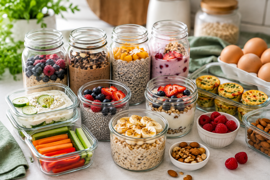 Meal-prep breakfast ideas including overnight oats, Greek yogurt, chia pudding, berries, and healthy snacks.