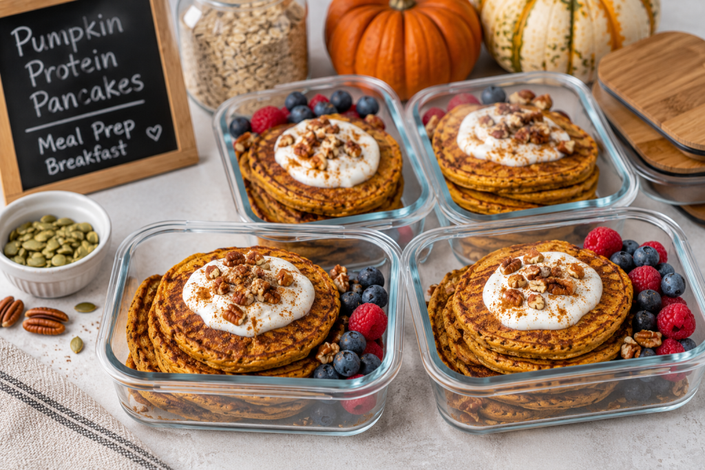 Meal-prep containers filled with pumpkin protein pancakes prepared in advance for a healthy fall breakfast.