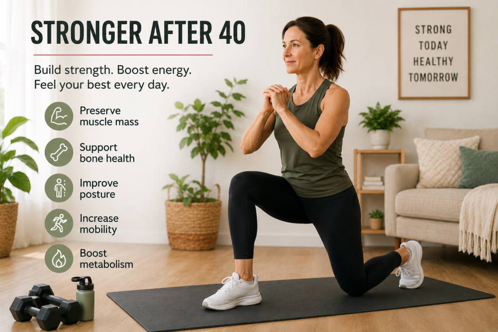 Woman over 40 performing strength exercises at home to improve mobility, muscle mass, and overall fitness.15-minute home workout for women over 40