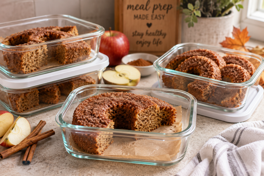 A meal-prep scene featuring individually sliced portions of Apple Cider Protein Donut Cake stored in glass containers for the week. Fresh apple slices and cinnamon sticks are arranged nearby. Clean, organized kitchen setting with a healthy lifestyle aesthetic. Bright, natural lighting.