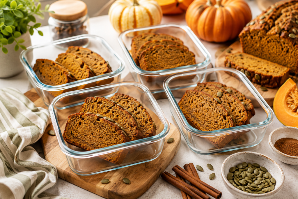Sliced high protein pumpkin bread stored in glass meal-prep containers with pumpkin slices and cinnamon sticks nearby.