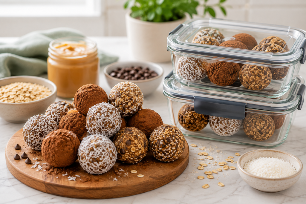 Fresh homemade high protein balls stored in glass meal prep containers with several protein balls served on a wooden board in a bright modern kitchen.