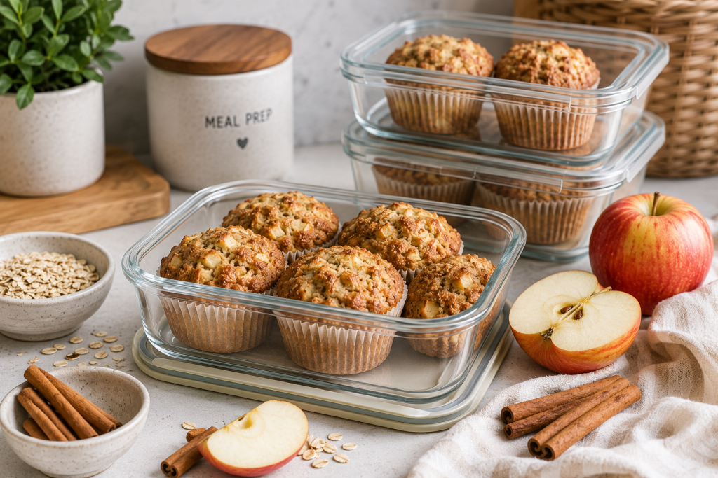 Apple cinnamon protein muffins stored in glass meal-prep containers with fresh apples and cinnamon sticks on a bright kitchen counter.