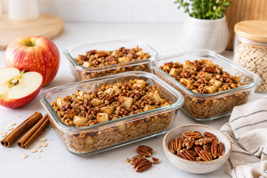 Individual portions of cinnamon apple baked oatmeal stored in glass meal-prep containers with fresh apples and cinnamon sticks on a bright kitchen countertop.