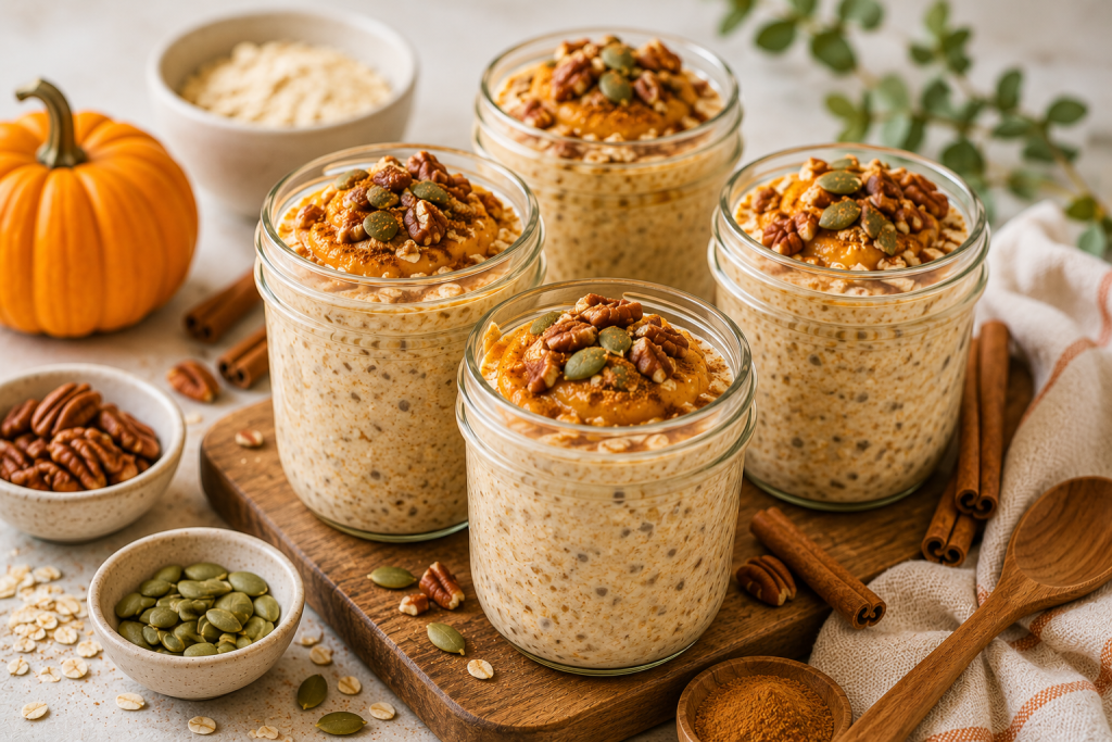 Pumpkin spice overnight oats prepared in individual glass jars for meal prep, topped with cinnamon, pumpkin seeds, and pecans in a bright kitchen.