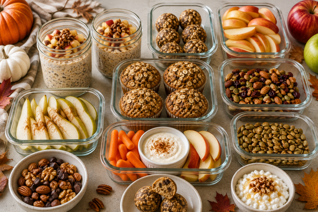 Healthy fall snacks prepared for meal prep in individual containers, including apple slices, nuts, protein muffins, overnight oats, and pumpkin-based snacks.