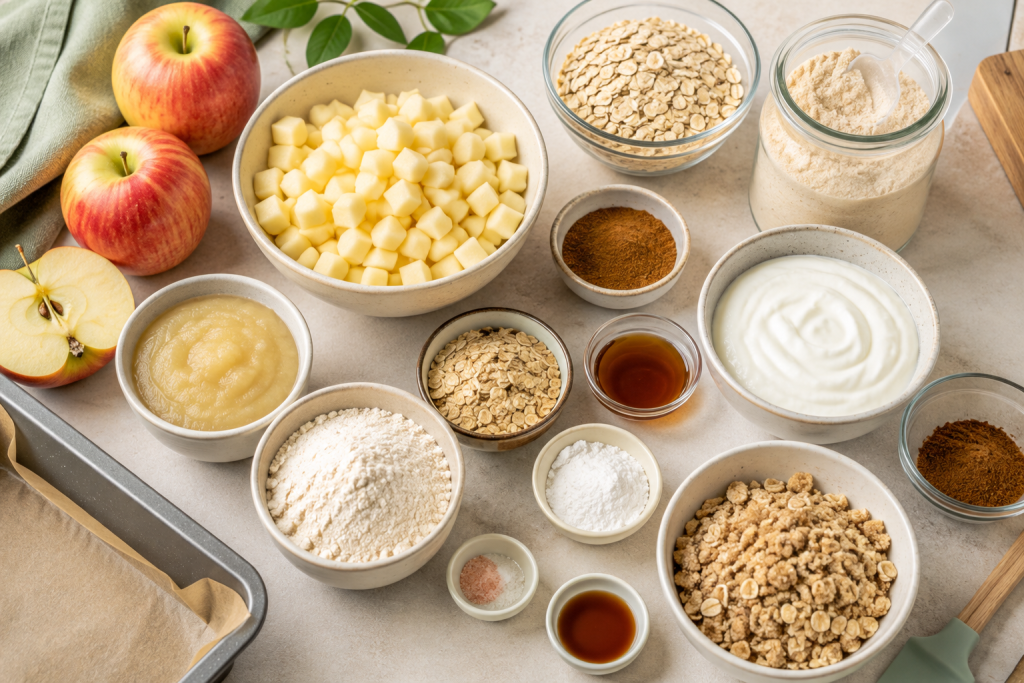 Ingredients for apple crumble protein bars including apples, oats, protein powder, Greek yogurt and cinnamon.