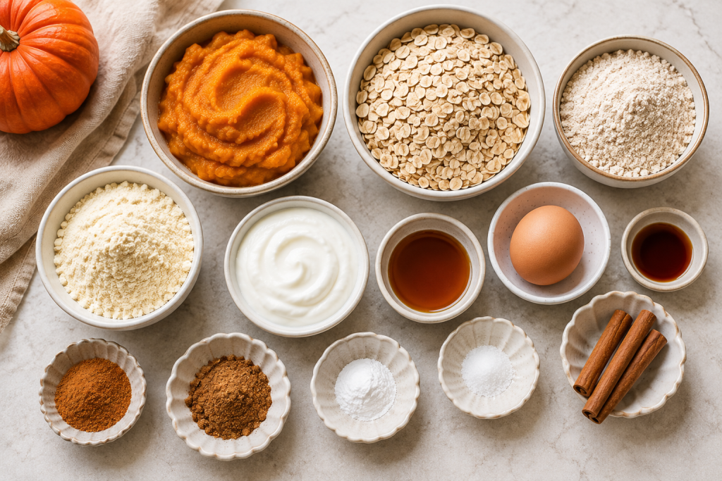 Ingredients for pumpkin protein cookies including pumpkin puree, oats, vanilla protein powder, Greek yogurt, cinnamon and pumpkin pie spice.