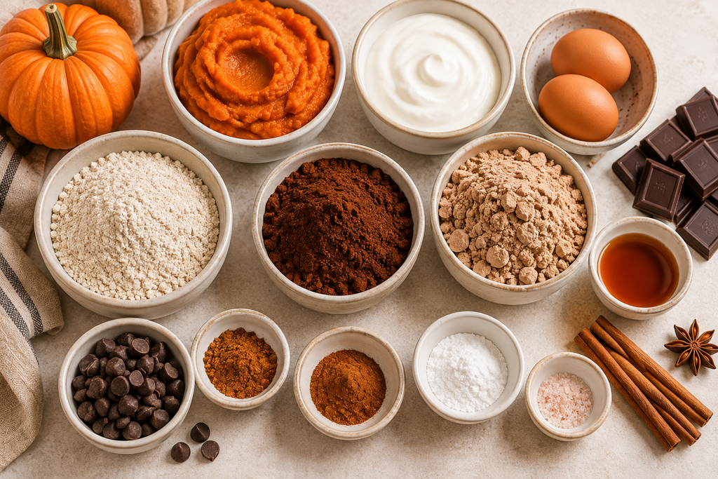 Ingredients for Pumpkin Chocolate Brownies including pumpkin puree, cocoa powder, oat flour, Greek yogurt, protein powder and pumpkin spice.