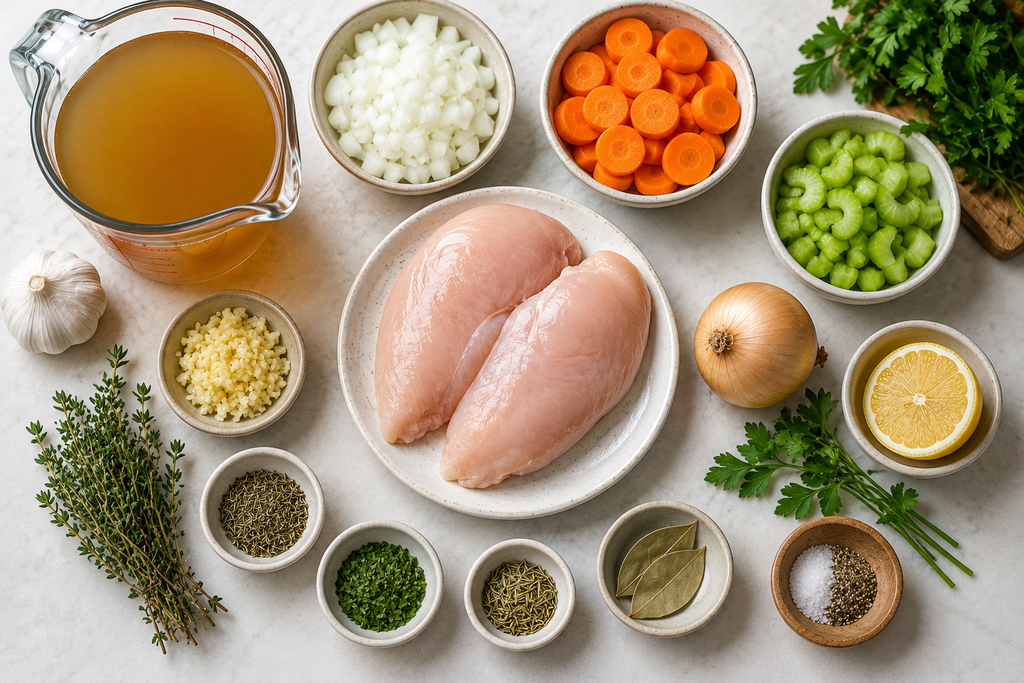 Ingredients for slow cooker chicken soup including chicken breast, carrots, celery, onion, garlic, broth, and fresh herbs.