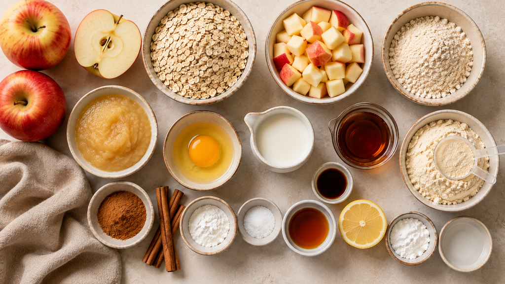 Ingredients for baked apple protein cups including apples, oats, oat flour, vanilla protein powder, applesauce, cinnamon, and maple syrup.