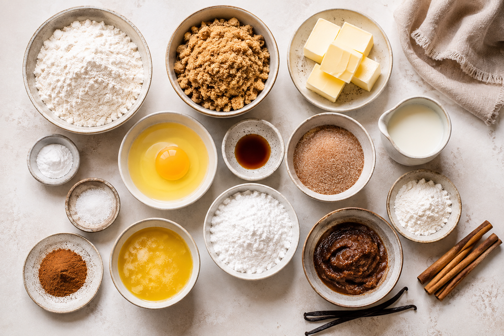 Ingredients for Cinnamon Roll Blondies including flour, brown sugar, butter, cinnamon, egg, vanilla, and powdered sugar.