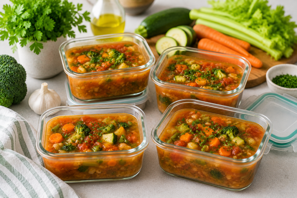 Healthy homemade vegetable soup served in glass meal prep containers beside fresh herbs and vegetables on a bright modern kitchen countertop. healthy soups