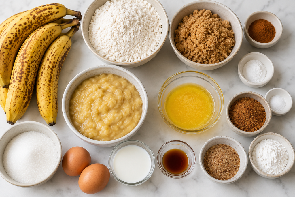 Ingredients for cinnamon crunch banana bread including ripe bananas, flour, brown sugar, butter, eggs, cinnamon, milk, and vanilla.