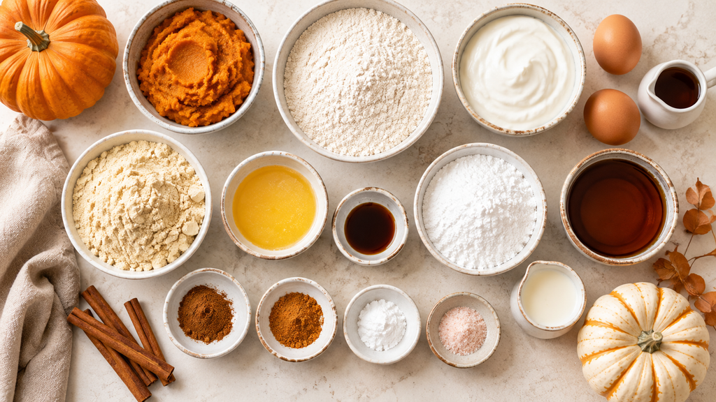 Ingredients for pumpkin protein donuts including pumpkin puree, vanilla protein powder, flour, Greek yogurt, eggs, cinnamon, and pumpkin pie spice.