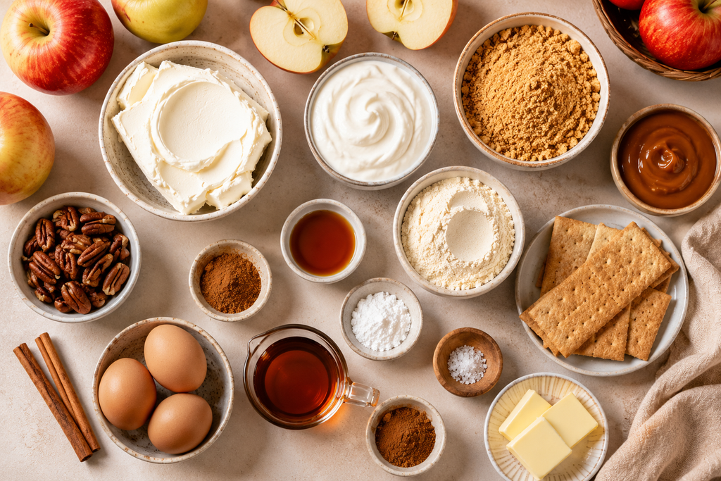 Ingredients for caramel apple protein cheesecake including cream cheese, Greek yogurt, protein powder, apples, cinnamon, caramel, eggs, and graham crackers.