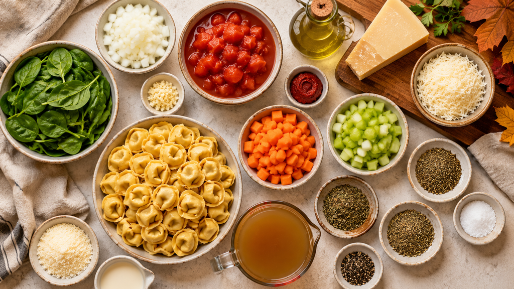 Ingredients for slow cooker tortellini soup including cheese tortellini, tomatoes, carrots, celery, spinach, Parmesan, broth, and Italian herbs.