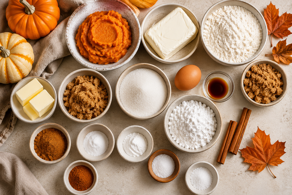 Ingredients for pumpkin cheesecake cookies including pumpkin puree, cream cheese, flour, butter, brown sugar, cinnamon, and pumpkin pie spice.
