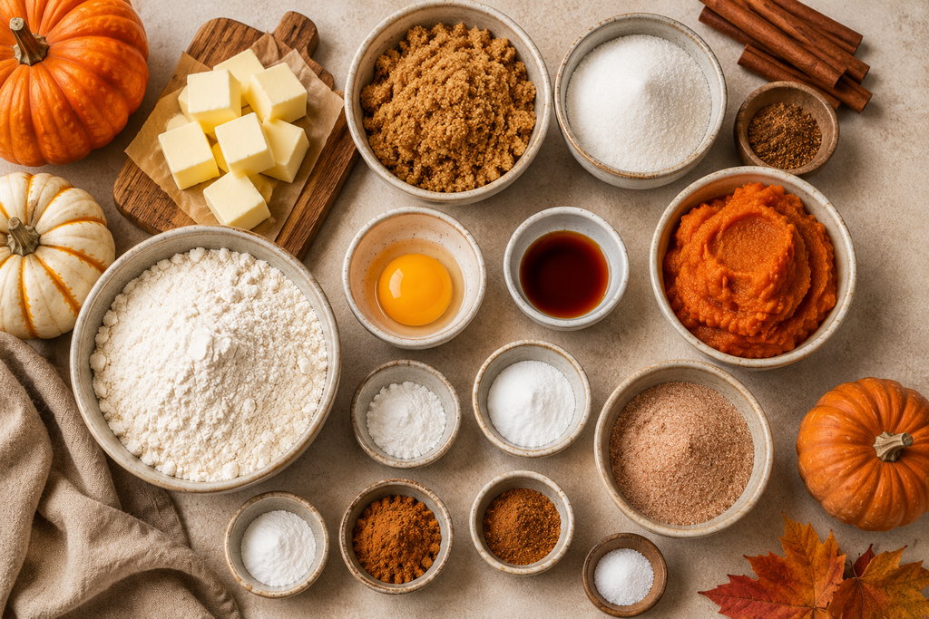Ingredients for brown butter pumpkin snickerdoodle cookies including pumpkin puree, butter, brown sugar, cinnamon, pumpkin pie spice, flour, and egg yolk.