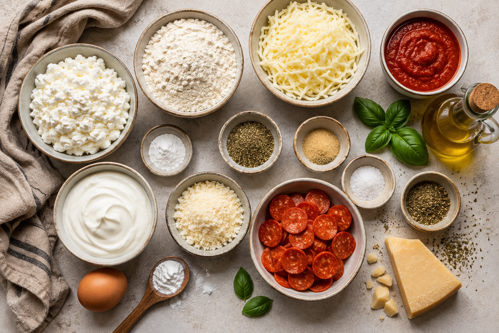 Ingredients for protein packed pizza bites including cottage cheese, Greek yogurt, flour, mozzarella, pepperoni, Parmesan, and Italian seasoning.