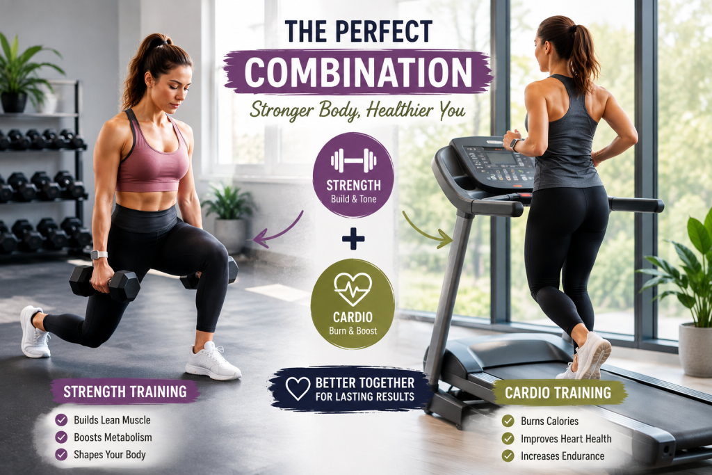 A woman combining strength training with dumbbells and walking on a treadmill during the same workout routine in a bright modern fitness studio. cardio vs strength trainig