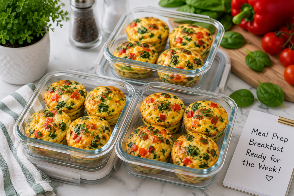 Healthy egg muffins stored in glass meal prep containers with fresh vegetables on a bright modern kitchen countertop, ready for make-ahead breakfasts.
