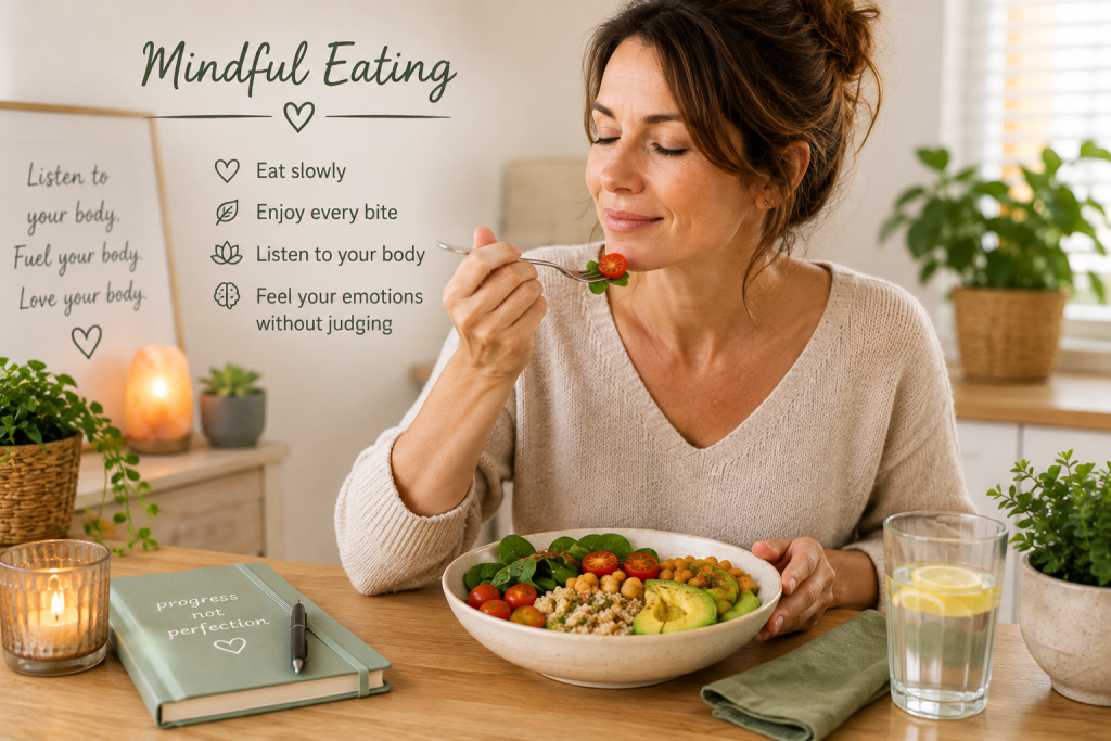 A woman enjoying a mindful healthy meal without distractions in a bright modern kitchen, focusing on balanced nutrition and emotional well-being.