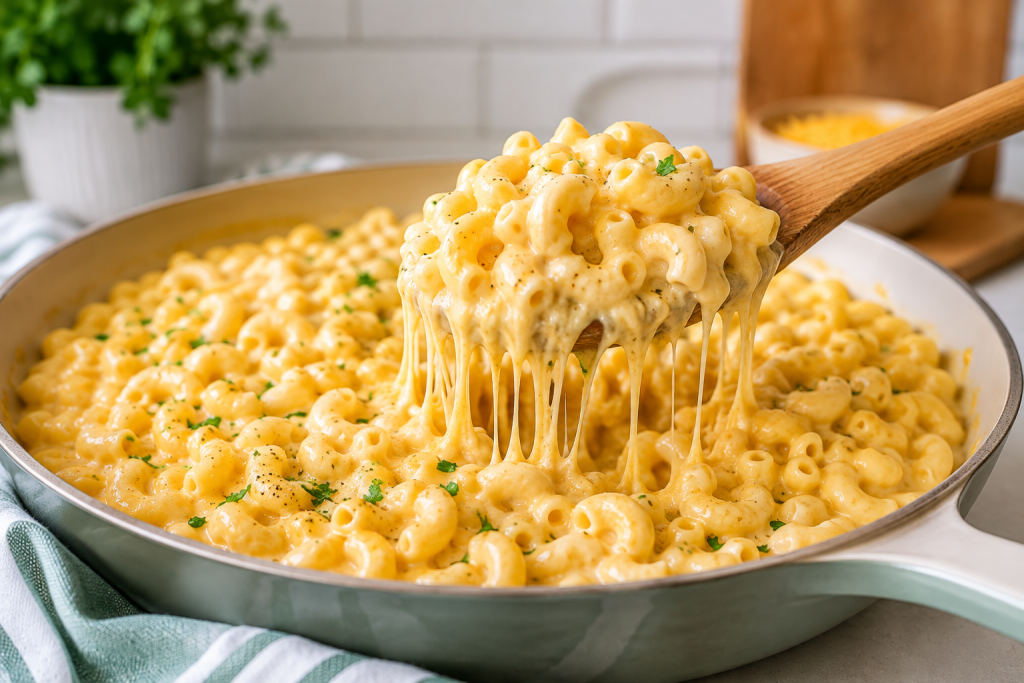 Creamy high protein mac and cheese being served fresh from the pan with melted cheese and herbs in a bright modern kitchen.