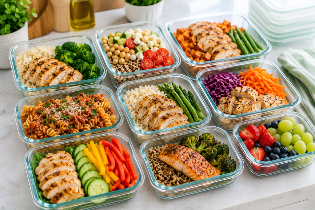 Several finished healthy meal-prep containers filled with protein, vegetables, and grains ready for the week. meal prep for beginners