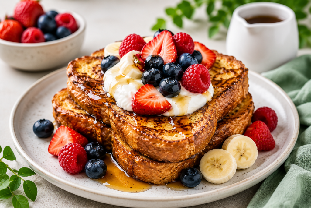 Golden brown protein French toast served with Greek yogurt, fresh berries, banana slices, and a drizzle of maple syrup on a bright modern breakfast table.