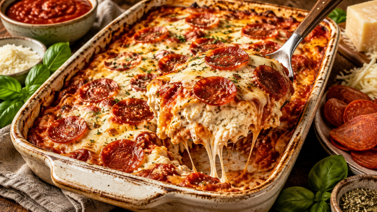 Baked pizza cottage cheese casserole topped with melted mozzarella and pepperoni, served hot and golden from the oven.