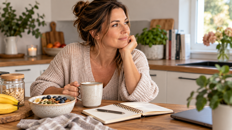 Woman reflecting with a journal and healthy snack while learning to break the emotional eating cycle.