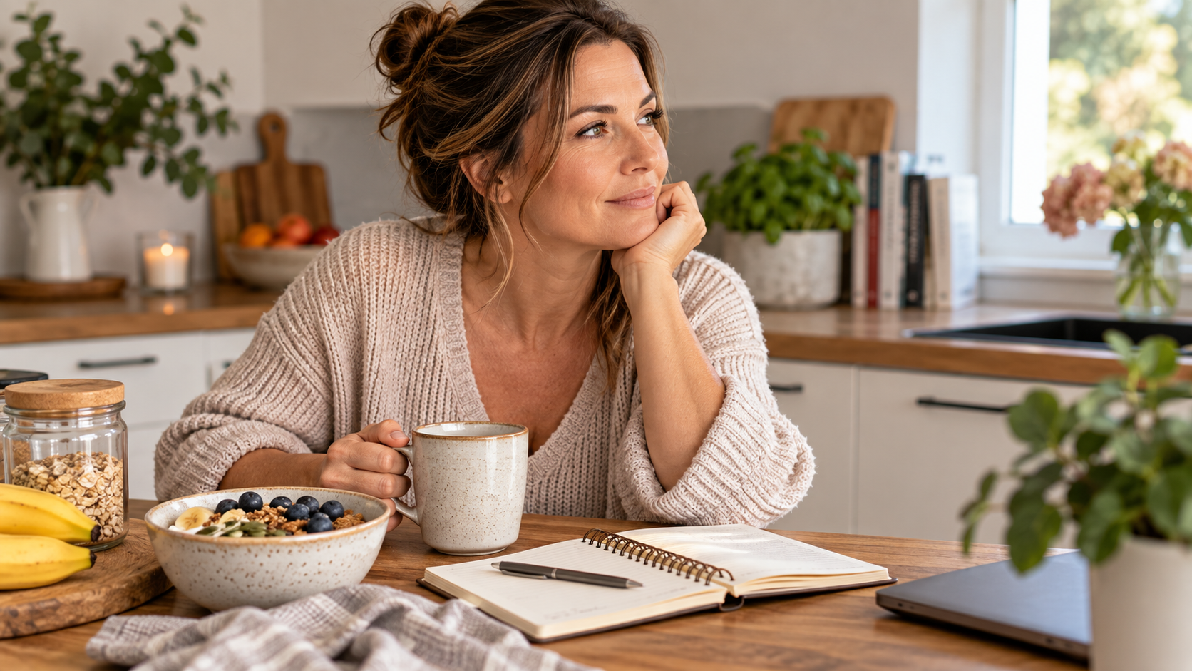 Woman reflecting with a journal and healthy snack while learning to break the emotional eating cycle.