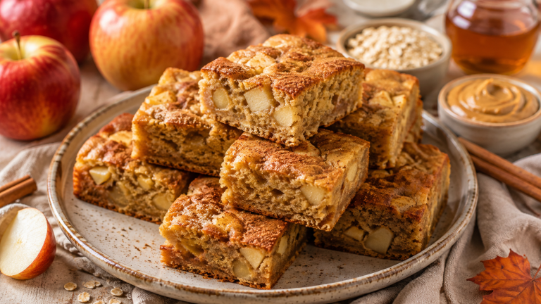 High protein apple blondies with fresh apples and cinnamon on a rustic plate.