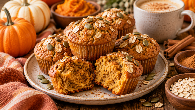 Soft and moist pumpkin protein muffins with pumpkin spice and cinnamon served on a rustic plate.